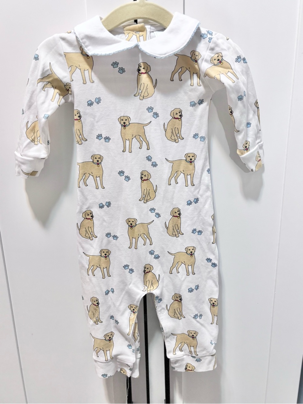 Little English White One-Piece Footie with Yellow Puppy Print and Blue Paws